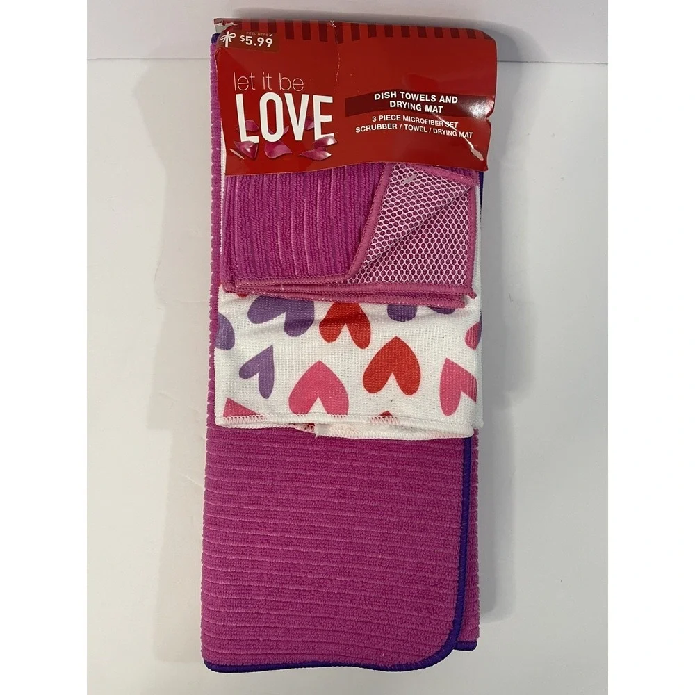 Dish Towels and Drying Mat 3 Piece Set Valentines w/Hearts